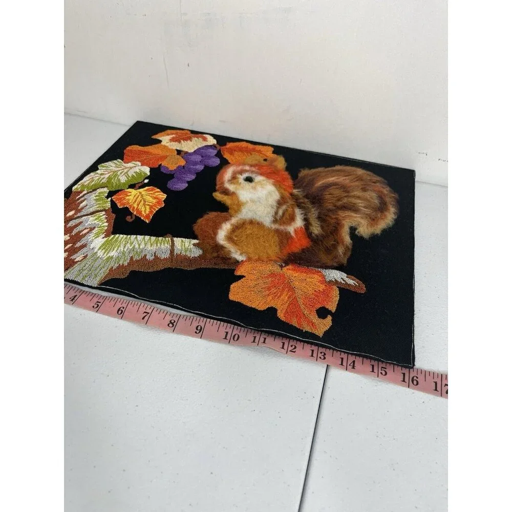 Vtg Handmade Crewel Embroidered Fall‎ Squirrel Leaves Picture Unframed Vibrant
